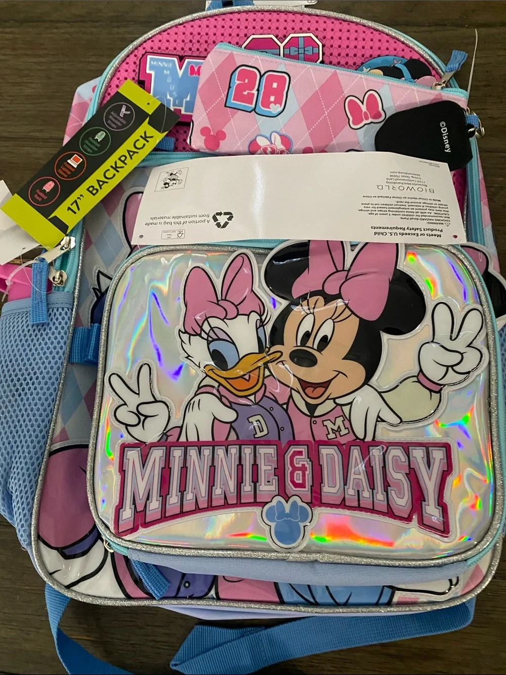 Disney Minnie & Daisy Pink and Light Blue Kids Backpack with Lunch Bag